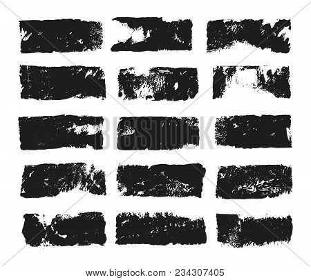 Abstract Black Smears Of Paint Isolated On White Background. Rectangular Spots Created With Paint Ro