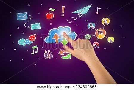Female hand toucing mixed media icons with purple background