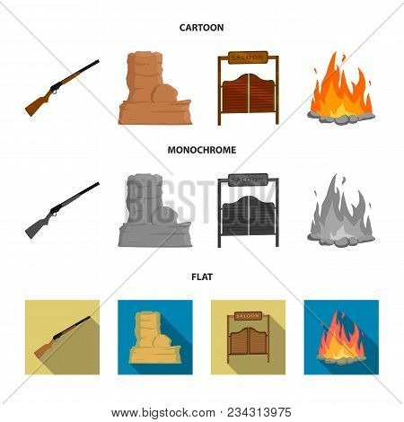 Winchester, Saloon, Rock, Fire.wild West Set Collection Icons In Cartoon, Flat, Monochrome Style Vec