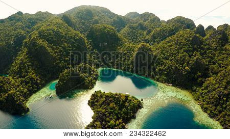 Coron, Palawan, Philippines, Aerial View Of Beautiful Twin Lagoon And Limestone Cliffs Fisheye View.