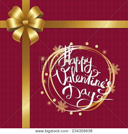Happy Valentines Day Inscription In Golden Frame With Blurred Points, Snowflakes On Pink Background 