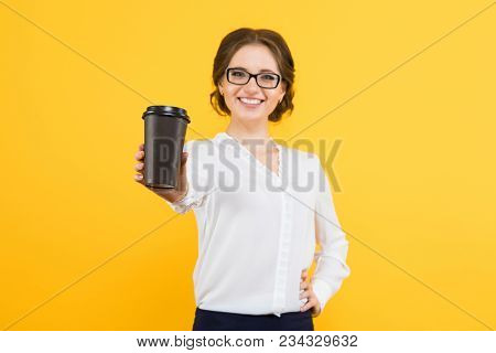 Caucasian Brunette Smiling Attractive Successful Businesswoman In Formal Dress Standing In Office Ho