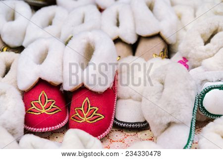 Warm Traditional Slippers, Footwear With Ornament On The Village Market In Nalchik, Sevmeral Caucasu