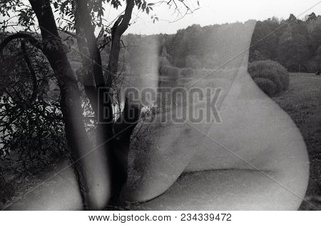 Beautiful Nude Girl And Landscape. Abstract Multi-exposure. Attention! The Image Contains Granularit