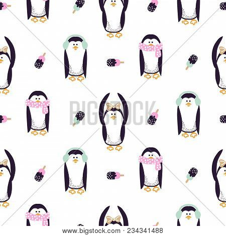 Seamless Vector Pattern With Cute Kid Penguins. Aquatic Animals Funny Repeat Texture For Baby Print.