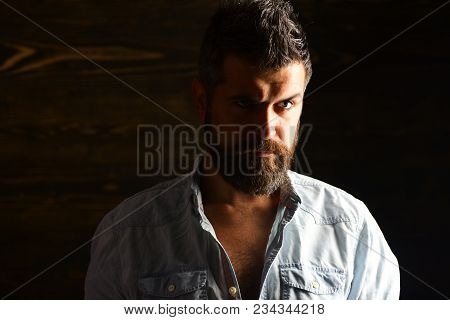 Serious Hipster In Barbershop, Look. Barber And Hairdresser Salon. Haircut Of Bearded Man, Archaism.