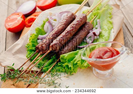 Fast Food. Eastern Food. Shish Kebab, Lyulya-kebab, Shaverma, Pita Gyros. Dishes Of Oriental Cuisine