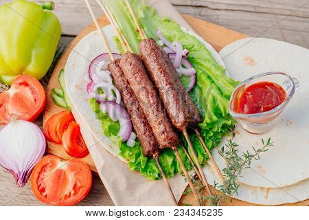 Fast Food. Eastern Food. Shish Kebab, Lyulya-kebab, Shaverma, Pita Gyros. Dishes Of Oriental Cuisine