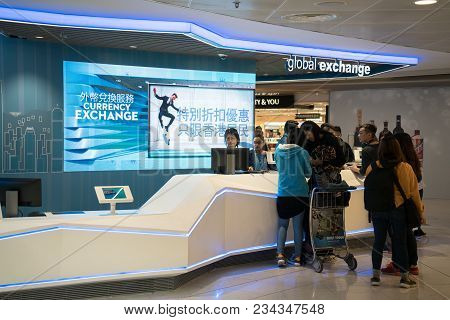 Hong Kong, China - March 19, 2018: Global Exchange Service Conter For Money Exchange At Hong Kong In