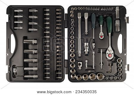 Mechanics Tool Set And Mechanic's Tool Box Isolated On White Background. Mechanics Tool Kit. Tool Bo