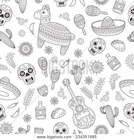 Cartoon Doodle Collection Objects For Cinco De Mayo Parade With Pinata, Maracas, Sambrero, Tequila, 