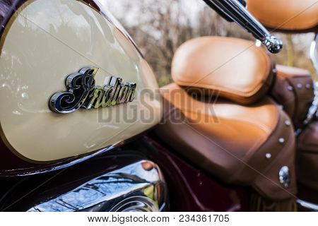 Podebrady, Czech Republic - March 31, 2018: Indian Motorcycle Logo On Beige Vintage Style Motorbike.