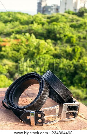 Fashion Luxury Snakeskin Leather Belts Outdoors. Python Belts On A Tropical Background. Indonesia, B