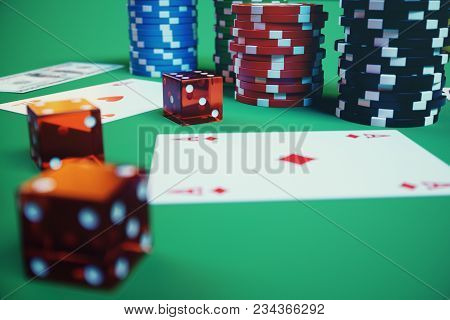 3d Illustration Playing Chips, Cards And Money For Casino Game On Green Table. Real Or Online Casino