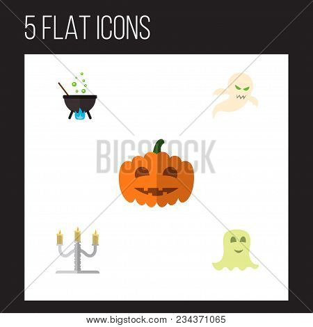 Icon Flat Celebrate Set Of Cauldron, Phantom, Specter And Other  Objects. Also Includes Ghost, Spect