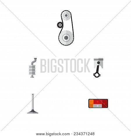 Icon Flat Auto Set Of Muffler, Belt Drive, Piston And Other  Objects. Also Includes Car, Cambelt, Dr