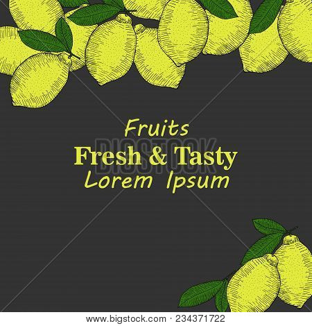 Lemon And Green Leaves Frame, Natural And Fresh Fruit Background In Yellow Color, 3d Illustration