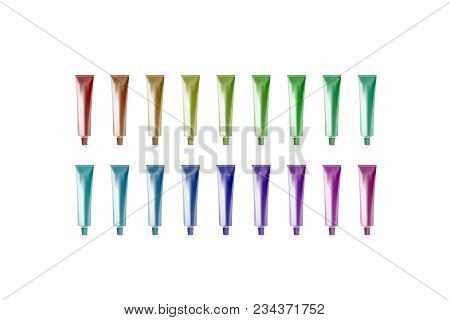 Blank Colored Paint Tube Mockup Set, 3d Rendering. Clean Gel Bottle Template Front View, Logo Brandi