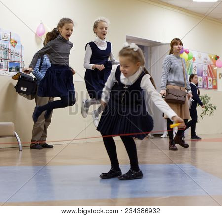 ST. PETERSBURG, RUSSIA - OCTOBER 16, 2017: Children during school break in primary school of the physics and mathematics lyceum 366. This year lyceum celebrates its 70th anniversary