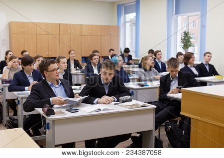 ST. PETERSBURG, RUSSIA - OCTOBER 16, 2017: Schoolchildren in a classroom of the physics and mathematics lyceum 366. This year lyceum celebrates its 70th anniversary