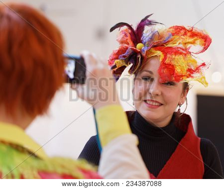 SAINT-PETERSBURG, RUSSIA - MARCH 22, 2018: Hats fashion show of the exhibition Craft Bazaar during TeddyFun 2018. The exhibition is held seasonally since 2011