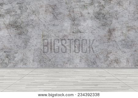 Room Perspective, Grunge Grey Concrete Wall And Wooden Plank Grou