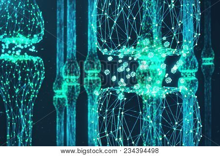 Blue Glowing Synapse. Artificial Neuron In Concept Of Artificial Intelligence. Synaptic Transmission