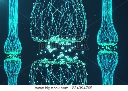 Blue Glowing Synapse. Artificial Neuron In Concept Of Artificial Intelligence. Synaptic Transmission