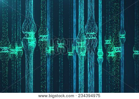 3d Rendering Blue Glowing Synapse. Artificial Neuron In Concept Of Artificial Intelligence. Synaptic