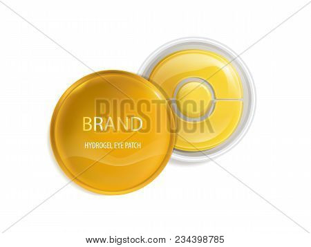 Vector Realistic Plastic Round Jar With Set Of Patches For Eyes, With Gold And Hydrogel Isolated On 