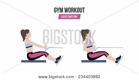 Seated Cable Row. Sport Exercises. Exercises In A Gym. Workout. Illustration Of An Active Lifestyle.