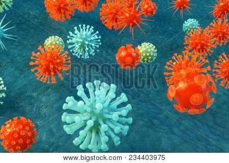 3d Illustration Pathogenic Viruses Causing Infection In Host Organism. Viral Disease Epidemic. Virus
