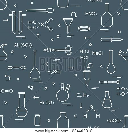 Pattern With Chemical, Biological, Scientific, Education And Research Elements: Flasks, Formulas, Be