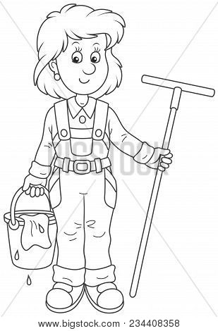 Smiling Girl Cleaner Holding A Swab And A Bucket And Going To Wash A Floor, A Black And White Vector