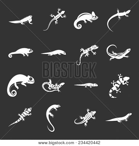 Lizard Icons In Simple Style. Black Lizards Set Vector White Isolated On Grey Background