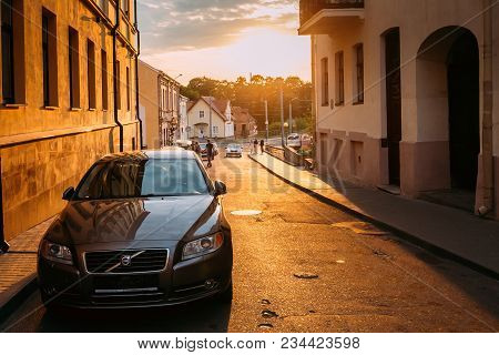 Grodno, Belarus - June 10, 2017: Gray Color Volvo Car Paked At Street In Sunset Or Sunrise Time.