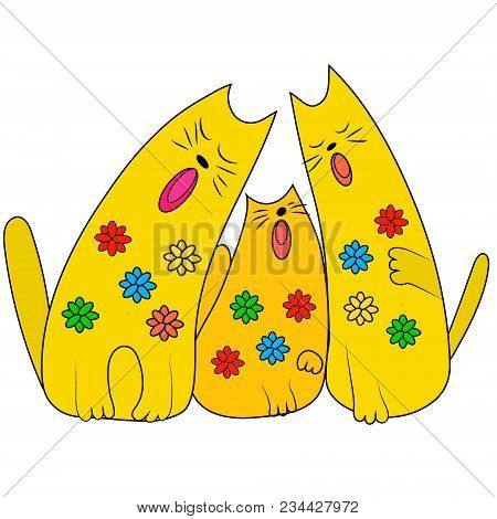 Singing Cats. Trio. Cute Animals. Vector Color Cartoon Isolated Image.