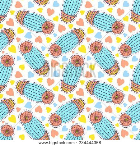 Seamless Pattern With Colorful Hand Drawn Cactuses And Hearts On White Background.