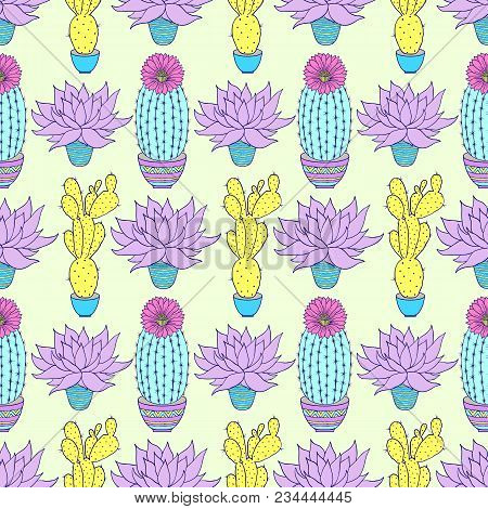 Seamless Pattern With Colorful Hand Drawn Cactuses.vector Illustration.