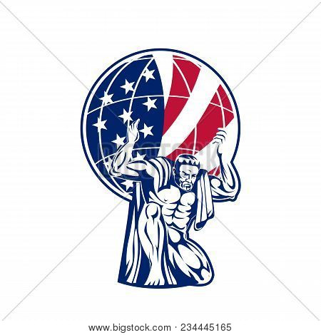 Icon Retro Style Illustration Of Atlas, A Titan Carrying A Globe With American United States Of Amer