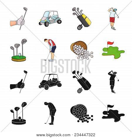 Stand For A Golf Club, Muzhchin Playing With A Club, Basket With Balls, Label With A Flag On The Gol