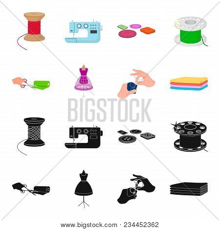 Fabric, Scissors For Cutting Fabrics, Hand Sewing, Dummy For Clothes. Sewing And Equipment Set Colle