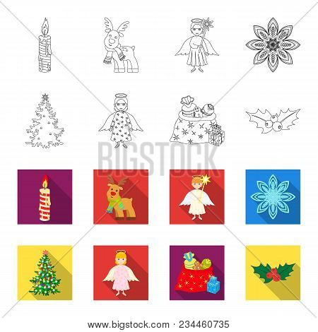 Christmas Tree, Angel, Gifts And Holly Outline, Flet Icons In Set Collection For Design. Christmas V