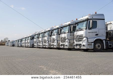 Burg / Germany - June 11, 2017: German Mercedes Benz Actros Trucks From Haulage Firm Neumann Stands 