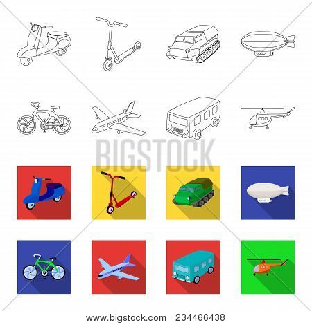 Bicycle, Airplane, Bus, Helicopter Types Of Transport. Transport Set Collection Icons In Outline, Fl