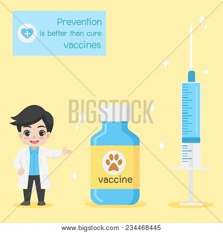 Doctor Present Injection Needle And Medicine Bottles With Labels Character For Vaccinate Pets On Bac