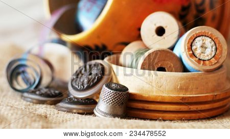Set For Creativity And Sewing, Threads And Buttons