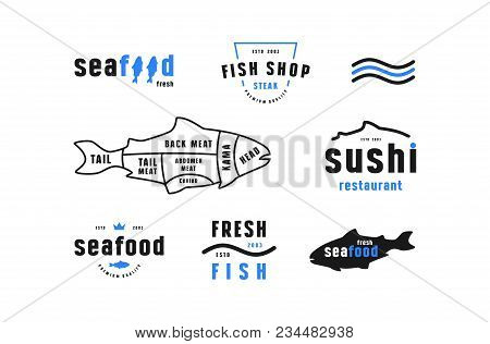 Stock Vector Fish Cuts Diagram And Label For Seafood Shop. Color Print On White Background