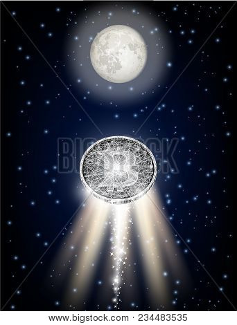 Bitcoin Flying To The Moon Like Space Rocket Vector Illustration. Bitcoin Cryptocurrency Space Wallp