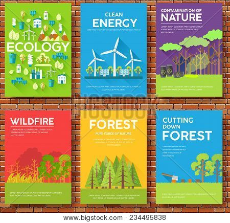 Ecology Information Cards Set. Ecological Template Of Flyear, Magazines, Posters, Book Cover, Banner